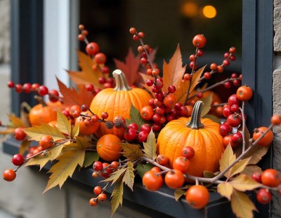 Pumpkins and fall leaves adorn a windowsill