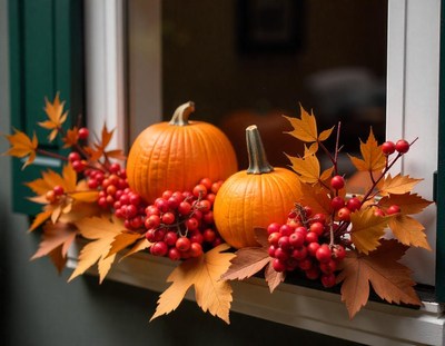 Pumpkins and fall leaves decorate a window