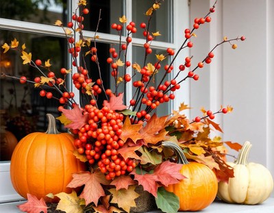 Pumpkins and fall foliage decorate a windowsill