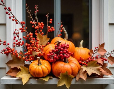 Pumpkins and fall foliage decorate a windowsill