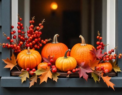 Pumpkins and fall foliage decorate a windowsill