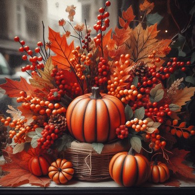 A festive fall display with pumpkins and berries