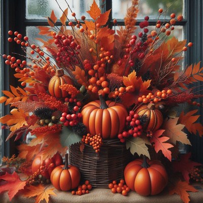 Pumpkins and fall foliage in a basket by a window