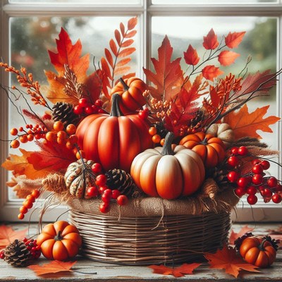 Pumpkins and fall foliage in a basket near a window