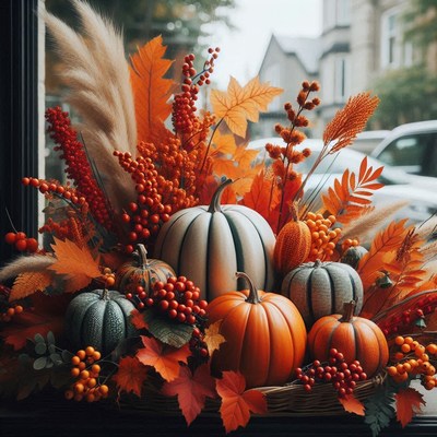 Pumpkins and fall foliage make a beautiful display