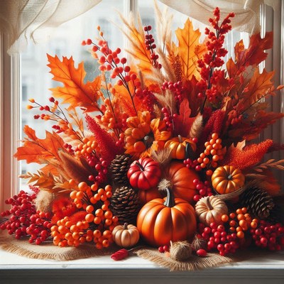 Fall foliage and pumpkins on a windowsill