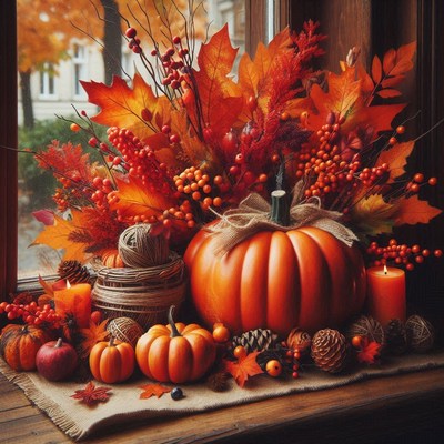 A fall windowsill decorated with pumpkins and red berries