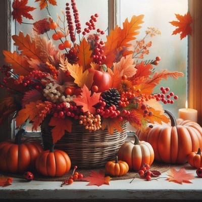 A basket of fall leaves and pumpkins sits on a windowsill