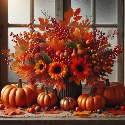 Fall foliage and pumpkins on a windowsill