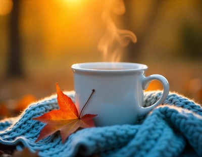 A steaming cup of tea sits on a blue blanket in the fall