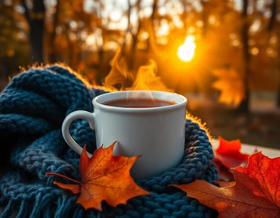 A steaming cup of coffee on a fall day