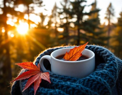 Coffee with a leaf in a blue scarf on a fall day