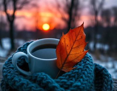 A warm cup of coffee on a cold winter day