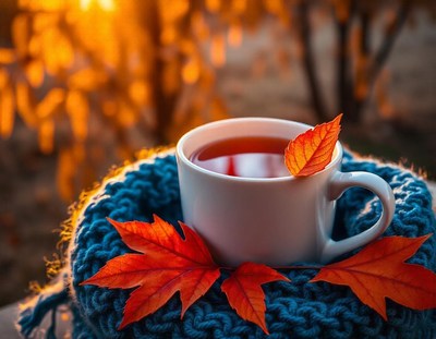 A cup of tea on a blue blanket with fall leaves