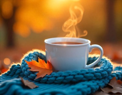 A warm cup of tea on a fall day