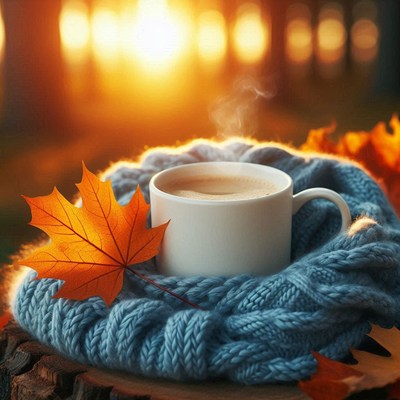 A warm cup of coffee on a fall day