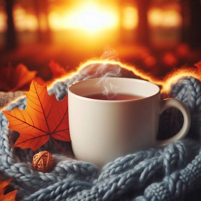‘tea on a cozy blanket with an autumn leaf’
