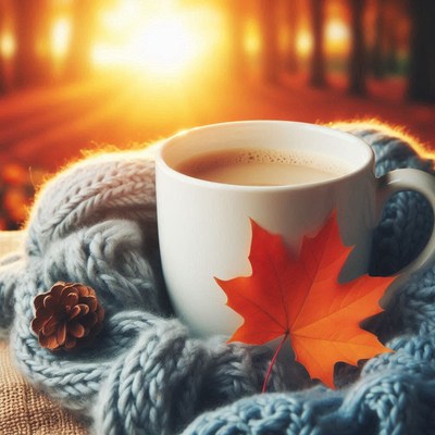 A warm cup of coffee on a cozy fall morning