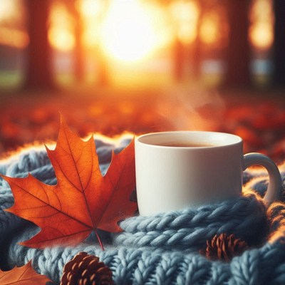 A cup of tea with a fall leaf