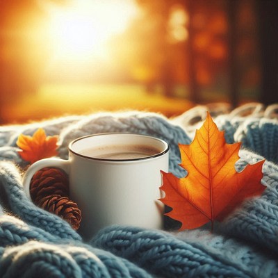 A warm cup of coffee on a cozy autumn day