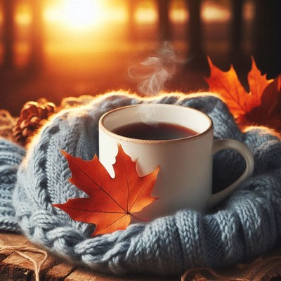 A steaming cup of coffee on a cozy autumn morning