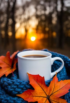 A cup of coffee with fall leaves on a cozy scarf