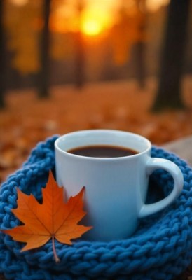A cup of coffee sits on a blue scarf with a maple leaf
