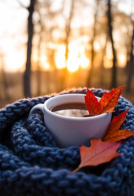 Cozy coffee wrapped in a scarf on autumn eve