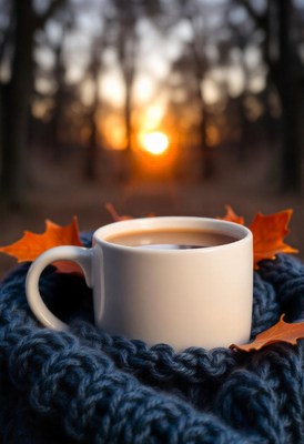 Coffee on a blanket in the woods at sunset