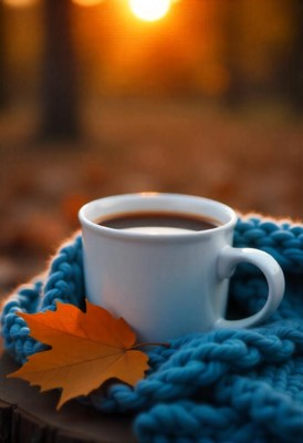 A warm cup of coffee on a crisp autumn day
