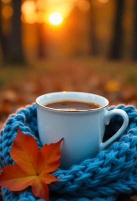 A cup of coffee sits on a blue scarf with a red leaf