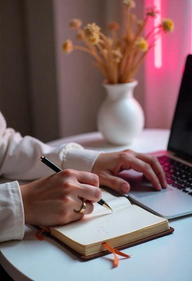 A person writes in a notebook while using a laptop