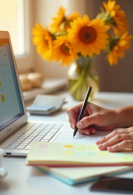 A hand writes on a notebook near a laptop and sunflowers