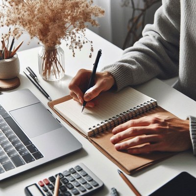 A person writes in a notebook at their desk