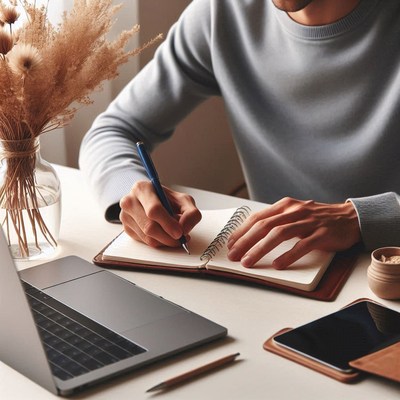 A person writes in a notebook at a desk
