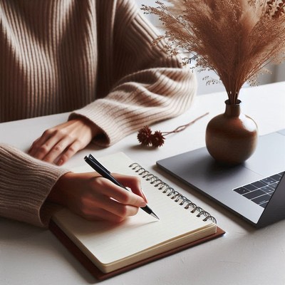 A person writes in a notebook on a desk