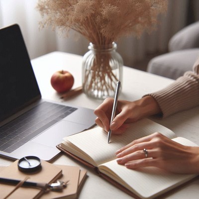 A woman writes in a notebook on her desk