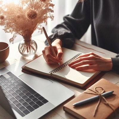 A woman writes in a notebook at a desk