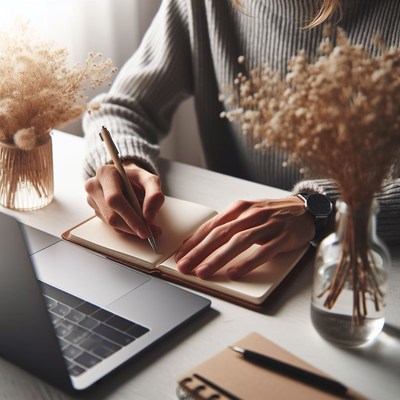 A person writes in a notebook at a desk