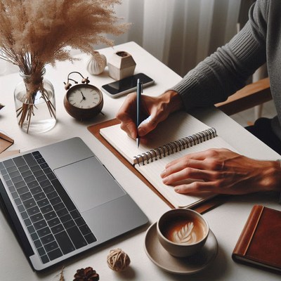 A person is sitting at a desk writing in a notebook