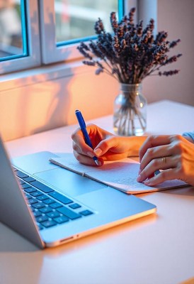 A person writes in a notebook near a laptop