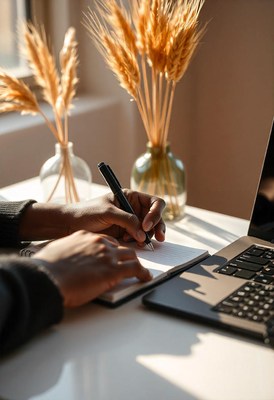 A person's hands are writing in a notebook with a pen