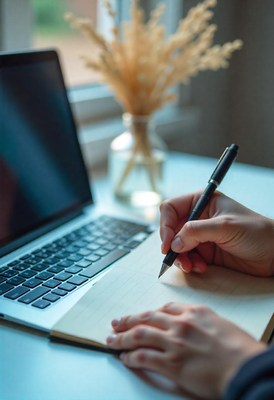 A person writes in a notebook next to a laptop