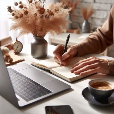 A person writes in a notebook at their desk