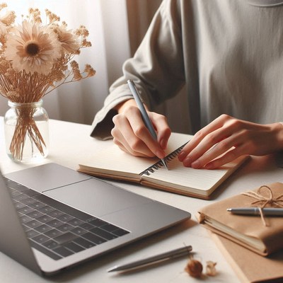 A person writes in a notebook with a pen