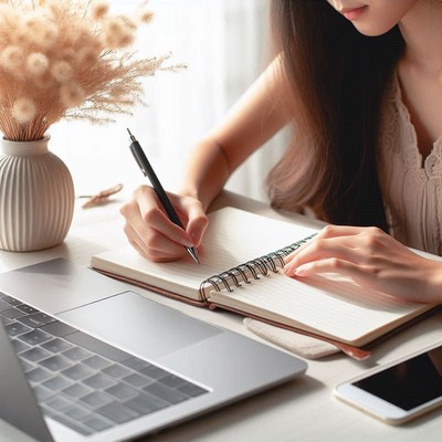 A woman writes in a notebook while working on a laptop