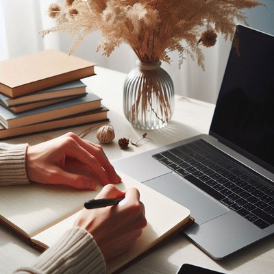 Someone is writing in a notebook next to a laptop