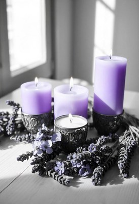 Purple candles burn bright in a sunlit room