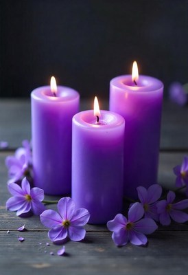 Three purple candles are lit on a wooden table with flowers