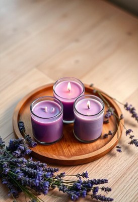 Three purple candles burn on a wooden tray with lavender